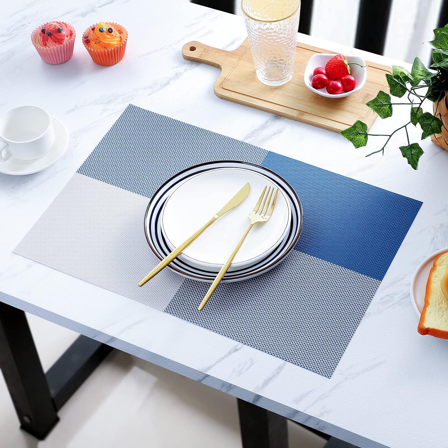 PVC Table Place Mats-Blue Check Table Mats Apricot   